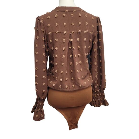 B Womens Small 100% Polyester Long Smocked Sleeve Textured Polka Doted Bodysuit - Picture 4 of 5